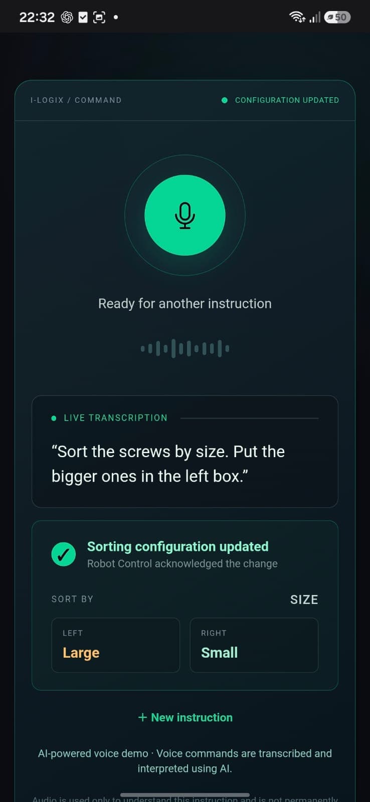 Benutzeroberfläche des Robot Voice Controllers
